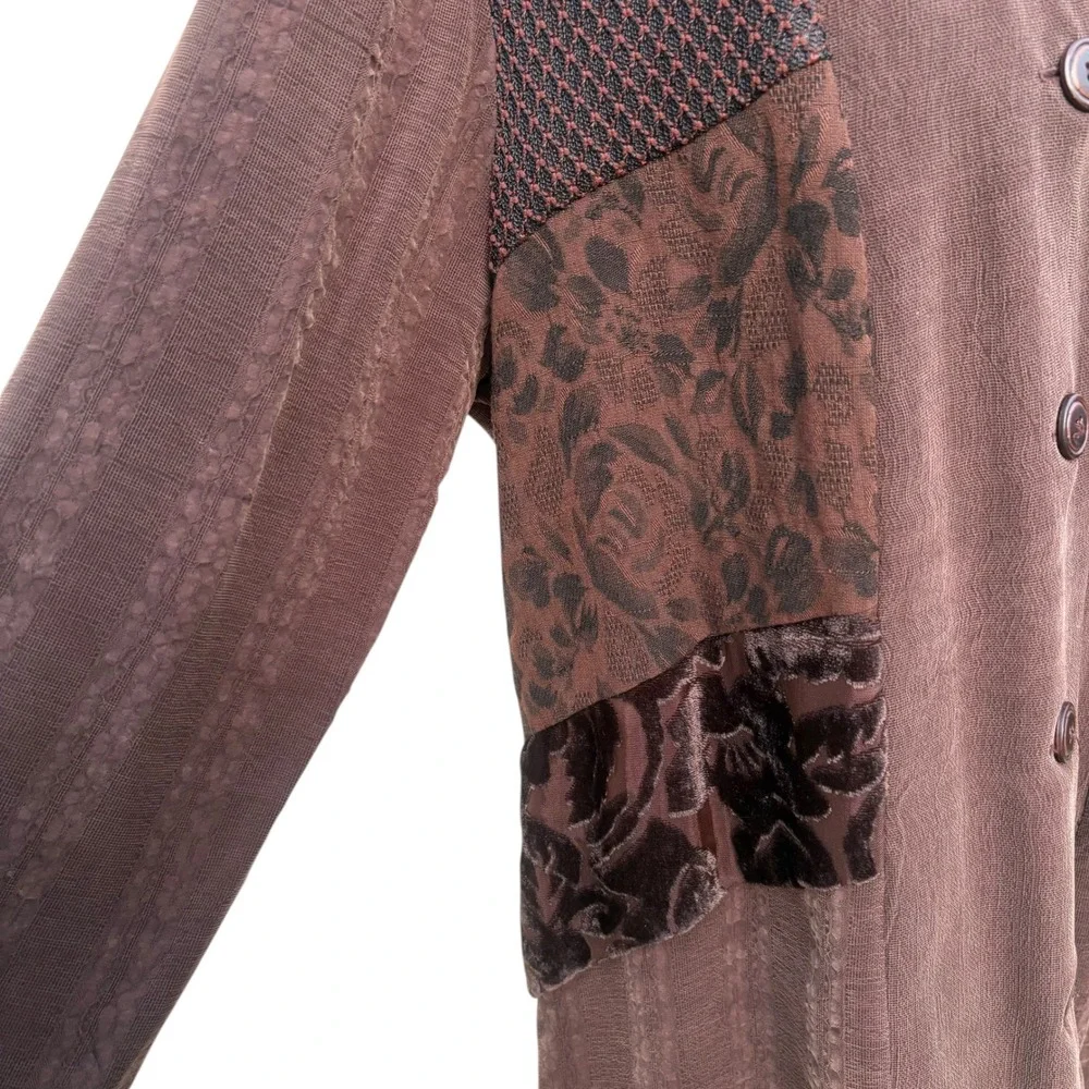VTG 90s Neil David Patchwork Shirt M Brown Velvet Burnout Silk Blend Artsy Tunic - Picture 7 of 11